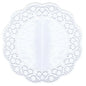 The PAPSTAR round doilies Ø 36 cm in white, ideal for cakes and pastries, feature a solid center and a delicate, wavy lace border. The set includes 6 pieces and is displayed flat on a white background.