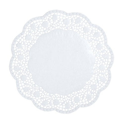 The PAPSTAR 100 round, white doilies from PAPSTAR GmbH is a round white doily with a wavy edge and a filigree, lace-like cut-out pattern, shown from above on a plain background.