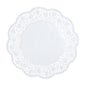 The PAPSTAR 100 round, white doilies from PAPSTAR GmbH is a round white doily with a wavy edge and a filigree, lace-like cut-out pattern, shown from above on a plain background.