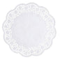 The PAPSTAR 100 round, white doilies from PAPSTAR GmbH is a round white doily with a solid core and a filigree, lace-like wavy edge with floral and geometric patterns made from FSC-certified material.