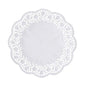 The PAPSTAR 100 round, white doilies from PAPSTAR GmbH are made of FSC-certified paper, have a solid center, and a filigree, floral-like pattern at the wavy edge.