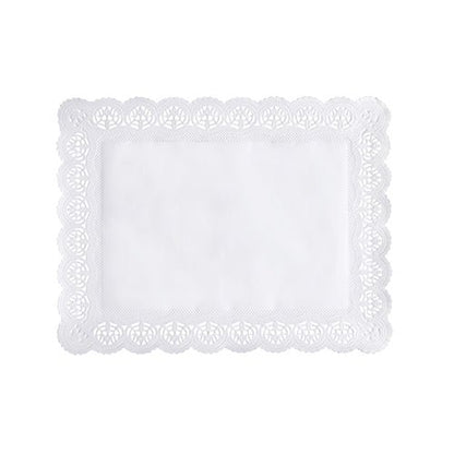 The PAPSTAR 100 decorative paper doilies square, white from PAPSTAR GmbH are rectangular with lace-like, scalloped edges and a solid center on a plain white background.