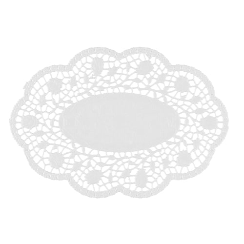 The PAPSTAR 500 oval white Mokkalace of PAPSTAR GmbH is a white paper doily with a floral pattern and scalloped edges - ideal for the stylish coffee table, here on a plain white background.