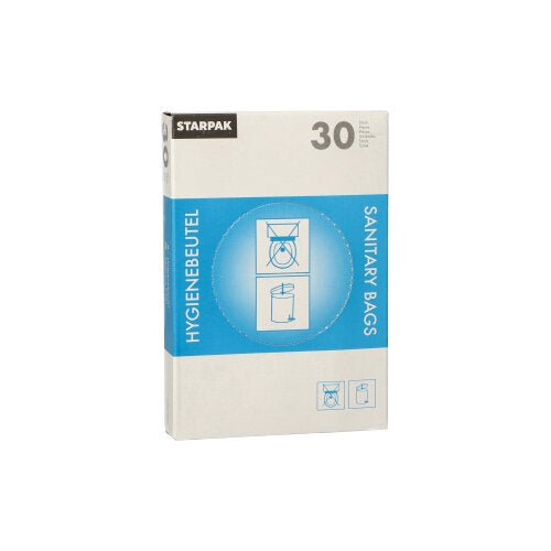 The Starpak dispenser box contains 30 white sanitary bags (28.5 x 8 x 7 cm) with blue-white packaging, the inscription "HYGIENEBEUTEL" and "SANITARY BAGS", with instructions and trash can illustrations on the front.