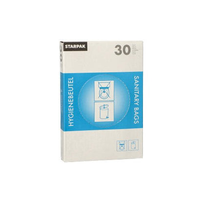 The Starpak dispenser box contains 30 white sanitary bags (28.5 x 8 x 7 cm) with blue-white packaging, the inscription "HYGIENEBEUTEL" and "SANITARY BAGS", with instructions and trash can illustrations on the front.
