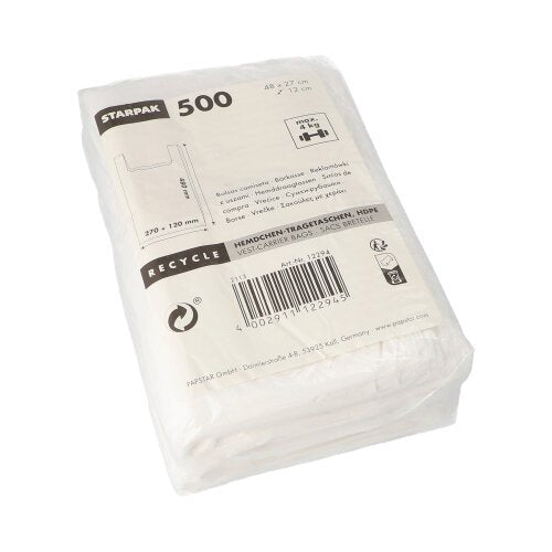 A transparent plastic package with 500 white Starpak shirt carrier bags (HDPE, 48 x 27 x 12 cm), labeled with recycling symbols and a barcode. Ideal for light items; product details can be found on the front.