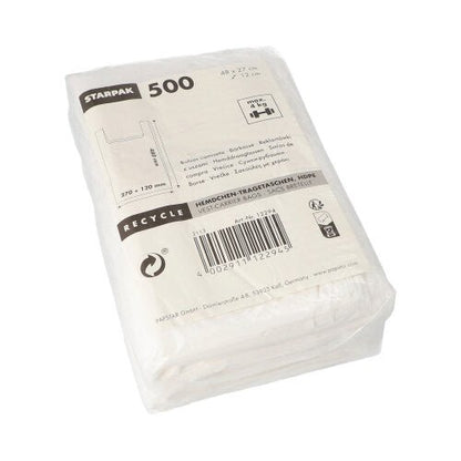 A transparent plastic package with 500 white Starpak shirt carrier bags (HDPE, 48 x 27 x 12 cm), labeled with recycling symbols and a barcode. Ideal for light items; product details can be found on the front.