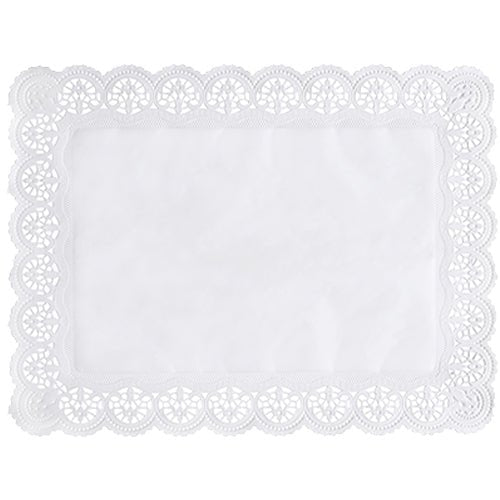 The PAPSTAR 100 decorative paper doilies square, white from PAPSTAR GmbH consists of rectangular, white decorative paper with a detailed lace-like edge, scalloped edges, and a smooth center on a plain background.