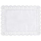The PAPSTAR 100 decorative paper doilies square, white from PAPSTAR GmbH consists of rectangular, white decorative paper with a detailed lace-like edge, scalloped edges, and a smooth center on a plain background.
