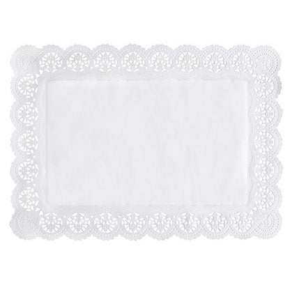 The PAPSTAR 100 decorative paper doilies square, white from PAPSTAR GmbH is a rectangular white doily with an intricate lace-like edge and a plain center, shown from above on a white background.