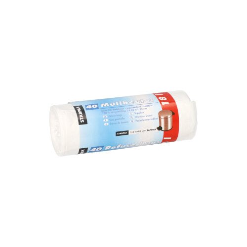 A roll with 40 white Starpak HDPE garbage bags (18 l, 52 cm x 46 cm) features a blue-red band with product details and a small trash can image.