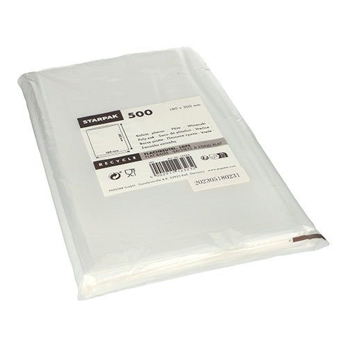 The Starpak 500 flat bag, transparent LDPE, offers a high-quality packaging solution. The flat bags are visible in transparent packaging with product information, recycling symbols, and a barcode on the label.