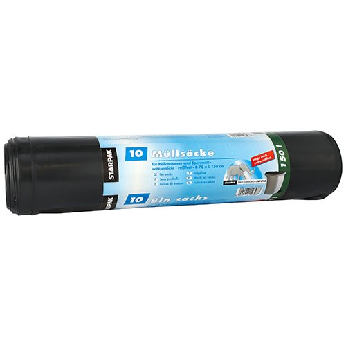 A roll with 10 Starpak trash bags, LDPE, with a blue-white label with the inscription "Starpak trash bags, 10 trash bags, 150 L" and product information in German and English.