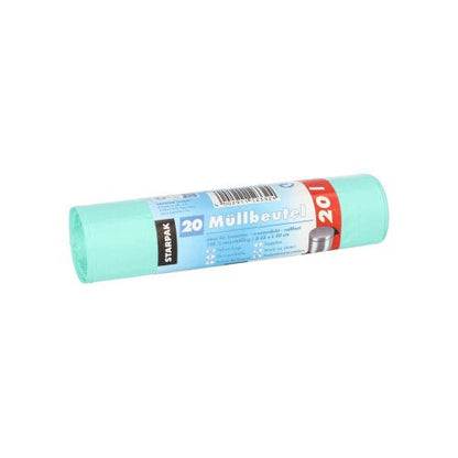 A roll with 20 new Starpak garbage bags (HDPE, 20 l, 50 cm x 45 cm) with a blue-red-white German label.