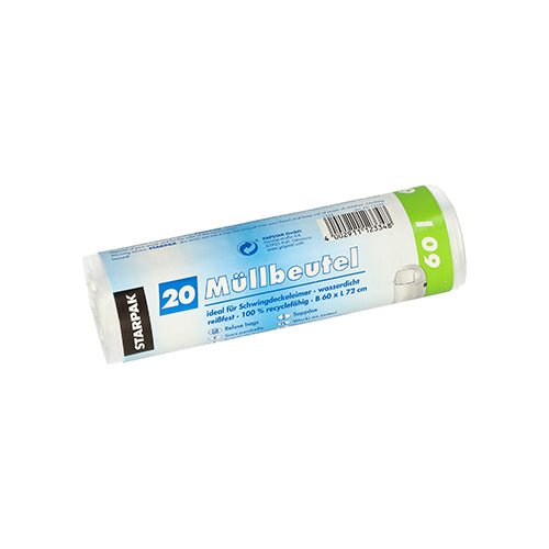 Pictured is a pack of 20 transparent Starpak HDPE garbage bags (60 l, 72 x 60 cm). The predominantly white packaging with blue and green accents shows German product details and indicates that the bags are recyclable.