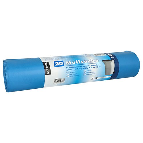 A roll of Starpak 20 garbage bags, LDPE 120 l 110 x 70 cm blue, with a German banderole featuring an image of a trash bin and symbols for waste disposal and size (20 pieces).