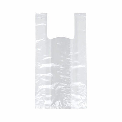 A transparent Starpak 250 shirt carrier bag (HDPE, 48x22x12 cm) knot bag with handles lies flat on a plain white background.