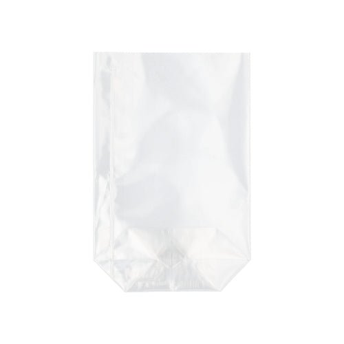 The Starpak 300 flat-bottom bag made of transparent PP stands upright with a flat bottom against a white background.