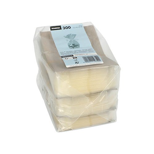 A transparent plastic packaging contains 300 rectangular Starpak 300 flat-bottom bags made of transparent PP, stacked in three bundles. The top label shows product information and a barcode. Ideal as practical flat-bottom bags from the Starpak brand.