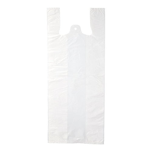 The Starpak 200 shirt carrier bags, white HDPE, are flat, transparent bags with two handles and a notch at the top. On a simple white background, this eco-friendly Starpak carrier bag is ideal for daily use.