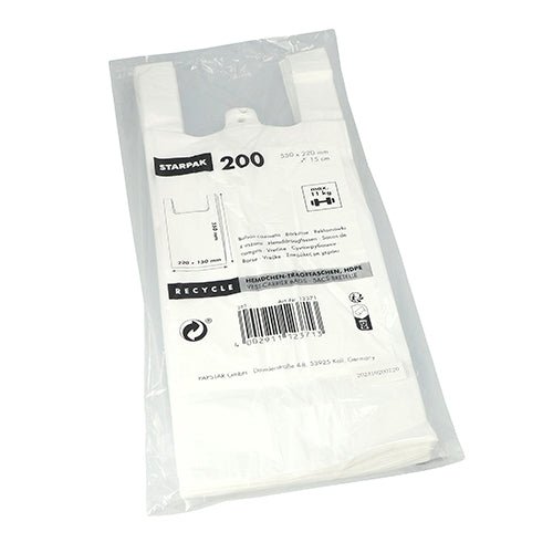 A transparent plastic package contains 200 Starpak shirt carrier bags made of white HDPE with handles. The label on the front shows product information, dimensions, recycling symbols for eco-friendliness, the Starpak brand, and a barcode.