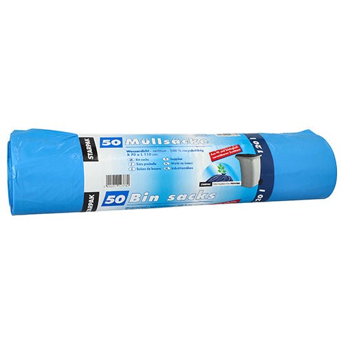 A roll of 50 blue garbage bags from Starpak HDPE (120 l, 110 x 70 cm) with a label in German and English ("50 Müllsäcke", "50 Bin sacks"), a picture of a garbage bin, and information about biodegradable additives.
