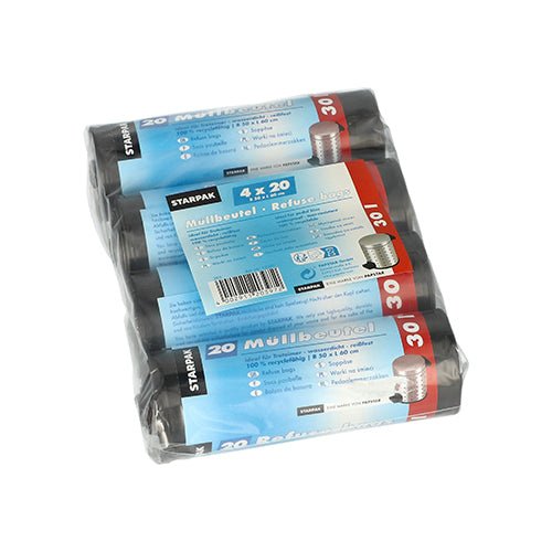 Four rolls of Starpak 80 garbage bags, 30 l gray LDPE trash bags (60 cm x 50 cm, 80 pieces) in transparent packaging with blue and red multilingual labels and a trash can image on the front.