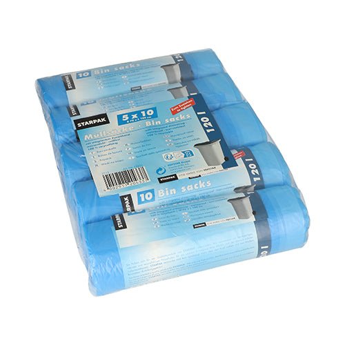 A pack of 50 Starpak HDPE garbage bags with drawstring, 120L (100x70cm), blue, shrink-wrapped. The packaging contains product details and usage instructions.