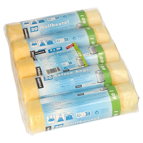 A plastic-wrapped Starpak package contains 100 yellow garbage bags with drawstring (HDPE, 60 l, 71 x 64 cm), divided into five rolls with 20 bags each. The labels contain instructions and product details in multiple languages for easy handling and stability.