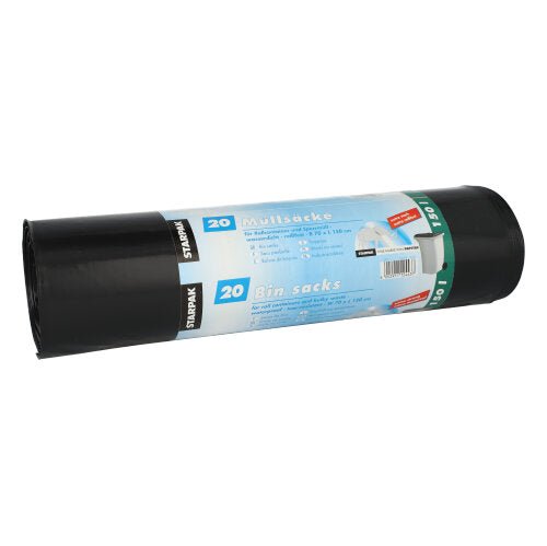 A roll of Starpak 20 garbage bags, LDPE, 150L (150x70cm), black, extra strong and tear-resistant, is delivered with a blue-white banderole. Each pack contains 20 bags, labeled in multiple languages.