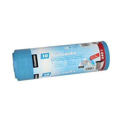 A roll of Starpak 10 trash bags, LDPE (240 L), in blue packaging with multilingual text, trash can and bag illustrations - ideal for reliable waste disposal. Brand: Starpak.