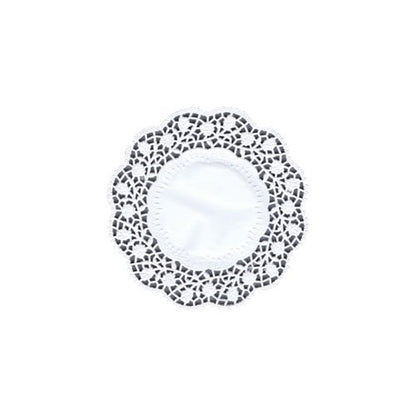 The PAPSTAR plate and cup doily round 15 cm, white (100 pieces) from PAPSTAR GmbH features a solid core and a decorative, lace-like edge - ideal for an elegant table decoration - on a white background.