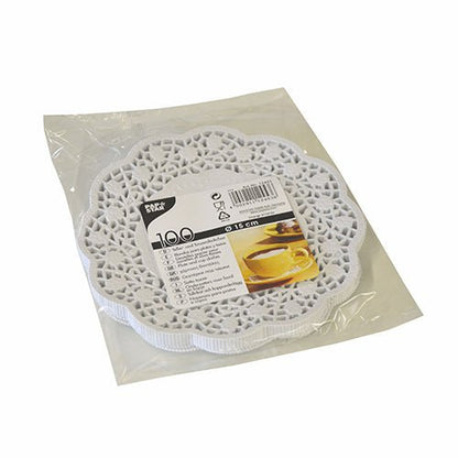 The PAPSTAR GmbH plate and cup doily round 15 cm, white, FSC-certified (100 pieces) in a plastic pack with lace edge is ideal for table decoration; the packaging shows a cup with a saucer.