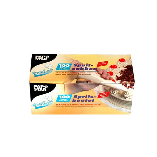 A box of PAPSTAR transparent piping bags (30.5x16.2 cm), folding box with 100 pieces from PAPSTAR GmbH - ideal baking accessory for creative cake decoration. The yellow package shows a hand using the piping bag to decorate cakes.