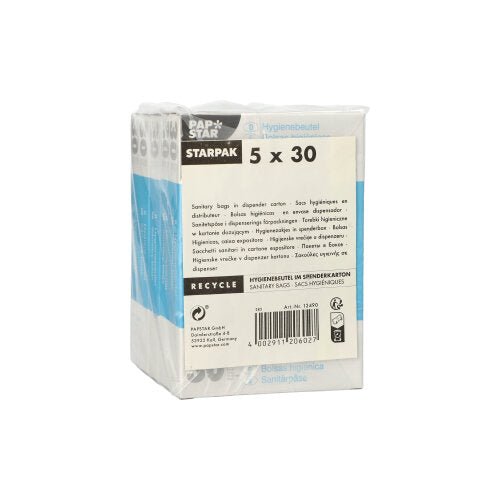 A box of Starpak 150 hygiene bags (28.5 x 8 x 7 cm, white, in a dispenser box, 150 pieces). The packaging contains product information and recycling instructions in multiple languages.