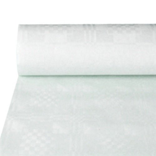 The PAPSTAR paper tablecloth with damask embossing (50 m x 1 m, PAPSTAR GmbH) appears smooth and slightly transparent – ideal for festive occasions.
