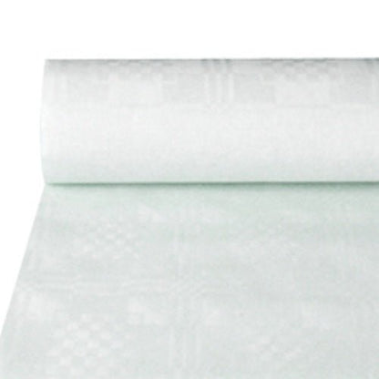 The PAPSTAR paper tablecloth with damask embossing (50 m x 1 m, PAPSTAR GmbH) appears smooth and slightly transparent – ideal for festive occasions.