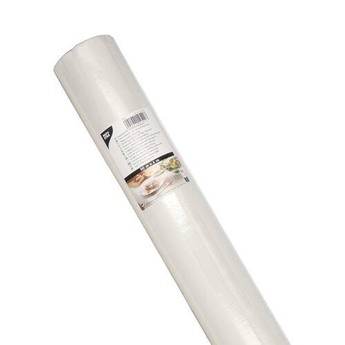 A roll of PAPSTAR paper tablecloth with damask embossing 50 m x 1 m from PAPSTAR GmbH, wrapped with a label featuring product details, elegant damask embossing, and festive food images for special occasions.