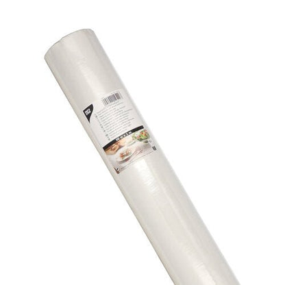 A roll of PAPSTAR paper tablecloth with damask embossing 50 m x 1 m from PAPSTAR GmbH, wrapped with a label featuring product details, elegant damask embossing, and festive food images for special occasions.