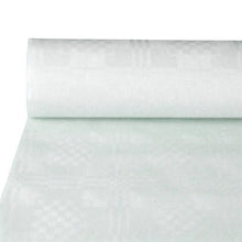 A 50 m x 0.8 m large white PAPSTAR paper tablecloth roll with damask embossing featuring subtle checks and stripes - ideal for festive occasions. Brand: PAPSTAR GmbH, 1 roll (foil).