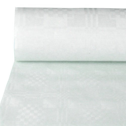 The close-up of the PAPSTAR GmbH paper tablecloth with damask embossing, 100 m x 1 m, white | foil (1 roll), shows the subtle geometric damask pattern on the white surface.