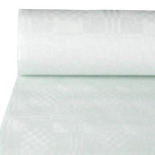The close-up of the PAPSTAR GmbH paper tablecloth with damask embossing, 100 m x 1 m, white | foil (1 roll), shows the subtle geometric damask pattern on the white surface.