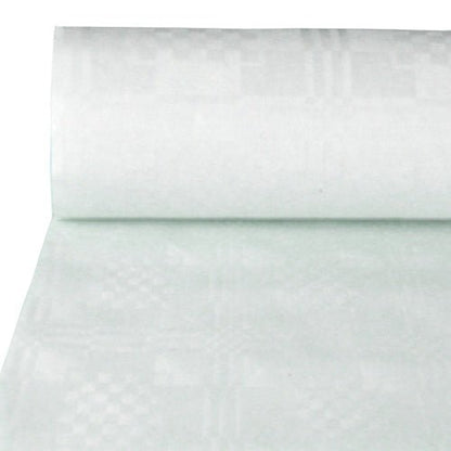 The close-up of the PAPSTAR GmbH paper tablecloth with damask embossing, 100 m x 1 m, white | foil (1 roll), shows the subtle geometric damask pattern on the white surface.