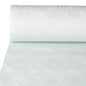 The close-up of the PAPSTAR GmbH paper tablecloth with damask embossing, 100 m x 1 m, white | foil (1 roll), shows the subtle geometric damask pattern on the white surface.
