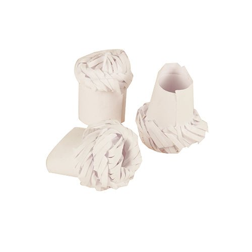 Three white PAPSTAR Poultry sleeves (1.8 cm) from the PAPSTAR "GmbH" is printed on a white background—two upright, one on its side with scalloped edges. Ideal for festive meals; the folding box contains 100 pieces.