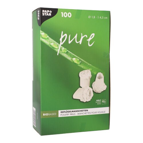 A green box from the PAPSTAR This GmbH package labeled "pure" contains 100 white poultry sleeves (1.8 cm), ideal for festive poultry dishes. The German/French packaging features two images of ruffles, a green stem with water droplets, and the product dimensions.