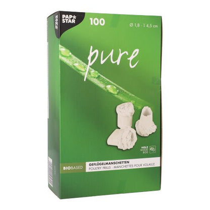 A green box from the PAPSTAR This GmbH package labeled "pure" contains 100 white poultry sleeves (1.8 cm), ideal for festive poultry dishes. The German/French packaging features two images of ruffles, a green stem with water droplets, and the product dimensions.