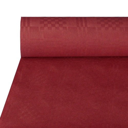 The paper tablecloth with damask embossing (50 m x 1 m) from PAPSTAR GmbH in red with a subtle check pattern is partially unrolled and presented flat - ideal for festive occasions.
