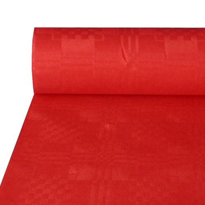 The paper tablecloth with damask embossing (50 m x 1 m) from PAPSTAR GmbH features a red textured surface with a subtle geometric design, ideal for festive occasions and easy to spread on tables.