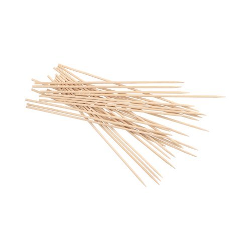 A stack of PAPSTAR wooden skewers (Ø 3 mm, 20 cm long, bag with 50 pieces) from PAPSTAR GmbH lies on a white background. The wooden skewers are thin, straight, and pointed - ideal for grilled dishes.